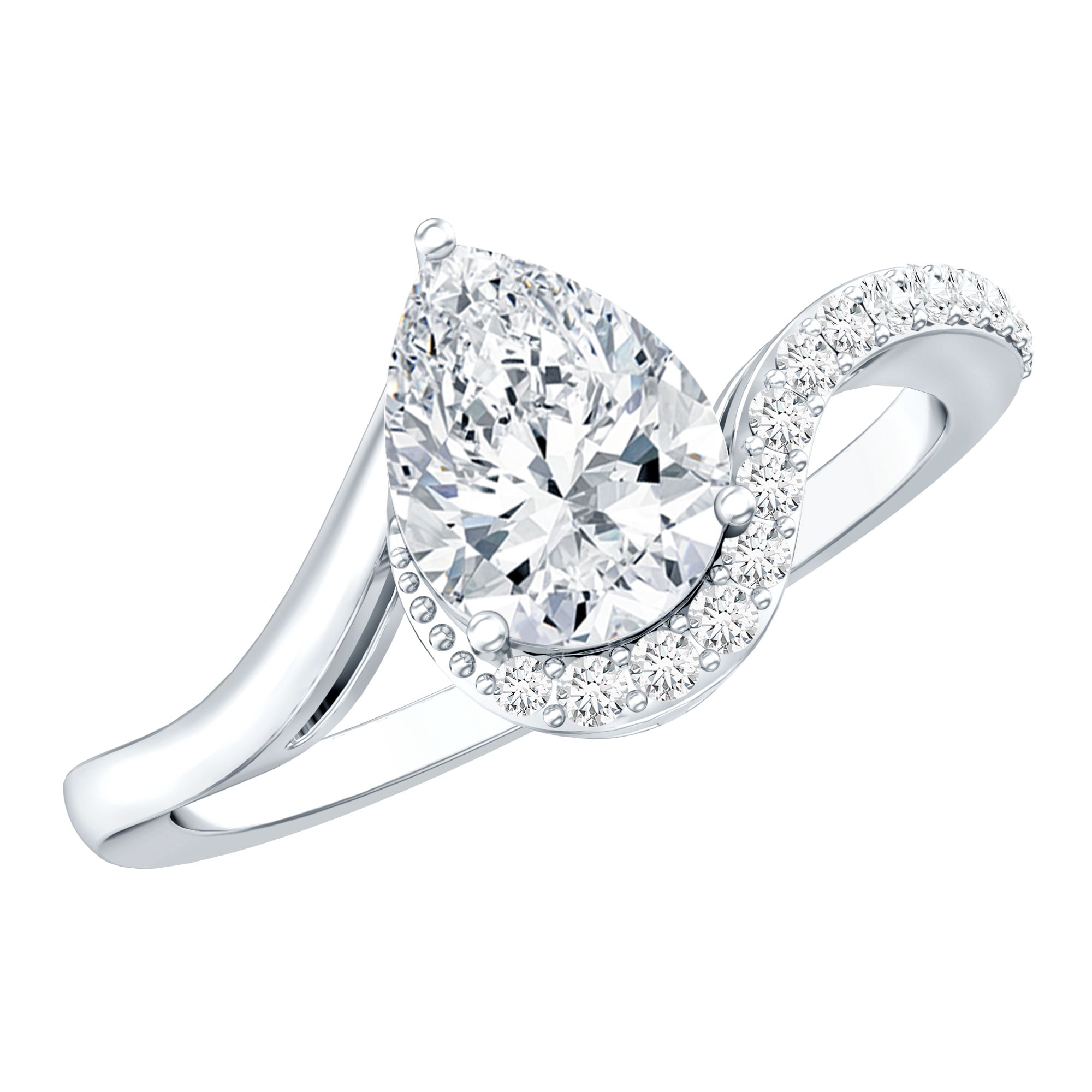 Rosec Jewels 1.30 Carat Pear Shaped Moissanite Engagement Ring 925 Silver - D-VS1 Quality Certified Moissanite Bypass Ring - with Jewelry Box, US 5.00