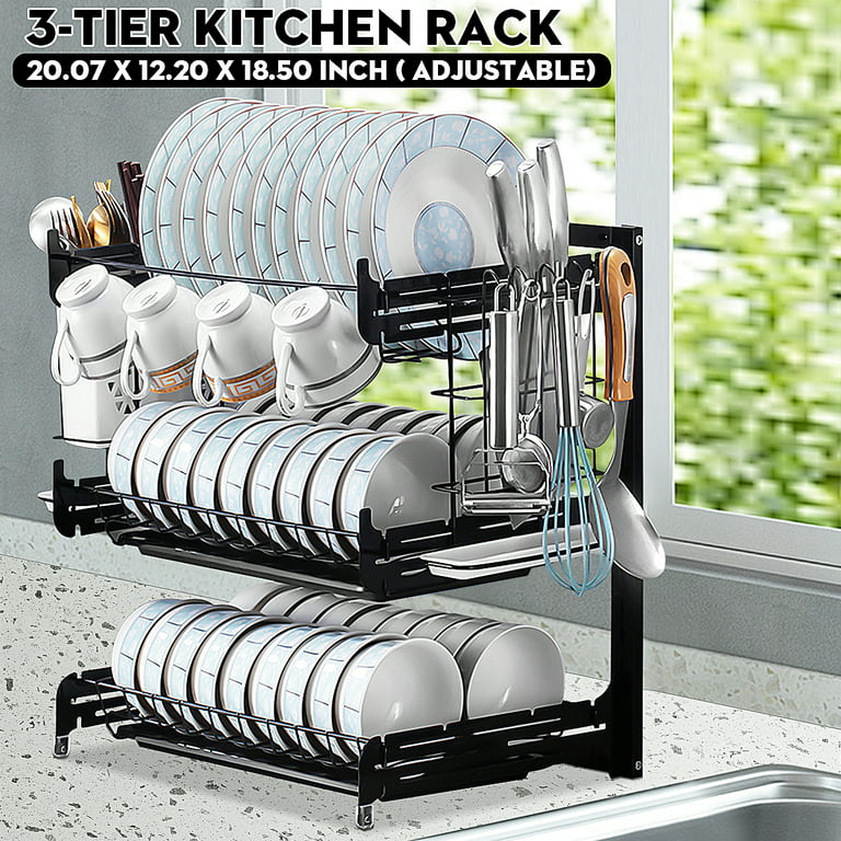 Dish Drying Rack Over The Sink,3 Tier Dish Drainer Rack Large with Cutboard  Stand,Utensils Holder Black