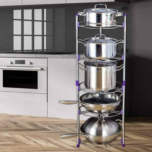 HYGRAD Built to Survive Carbon Steel Round Pan Free Standing Organizer 5-Tier Pot Rack