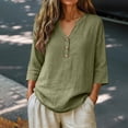 thumbnail image 2 of Womens Short Sleeve Tops Casual V Neck Button 3/4 Sleeve Linen Blouse Loose Fit Solid Color Tops for Summer, 2 of 6