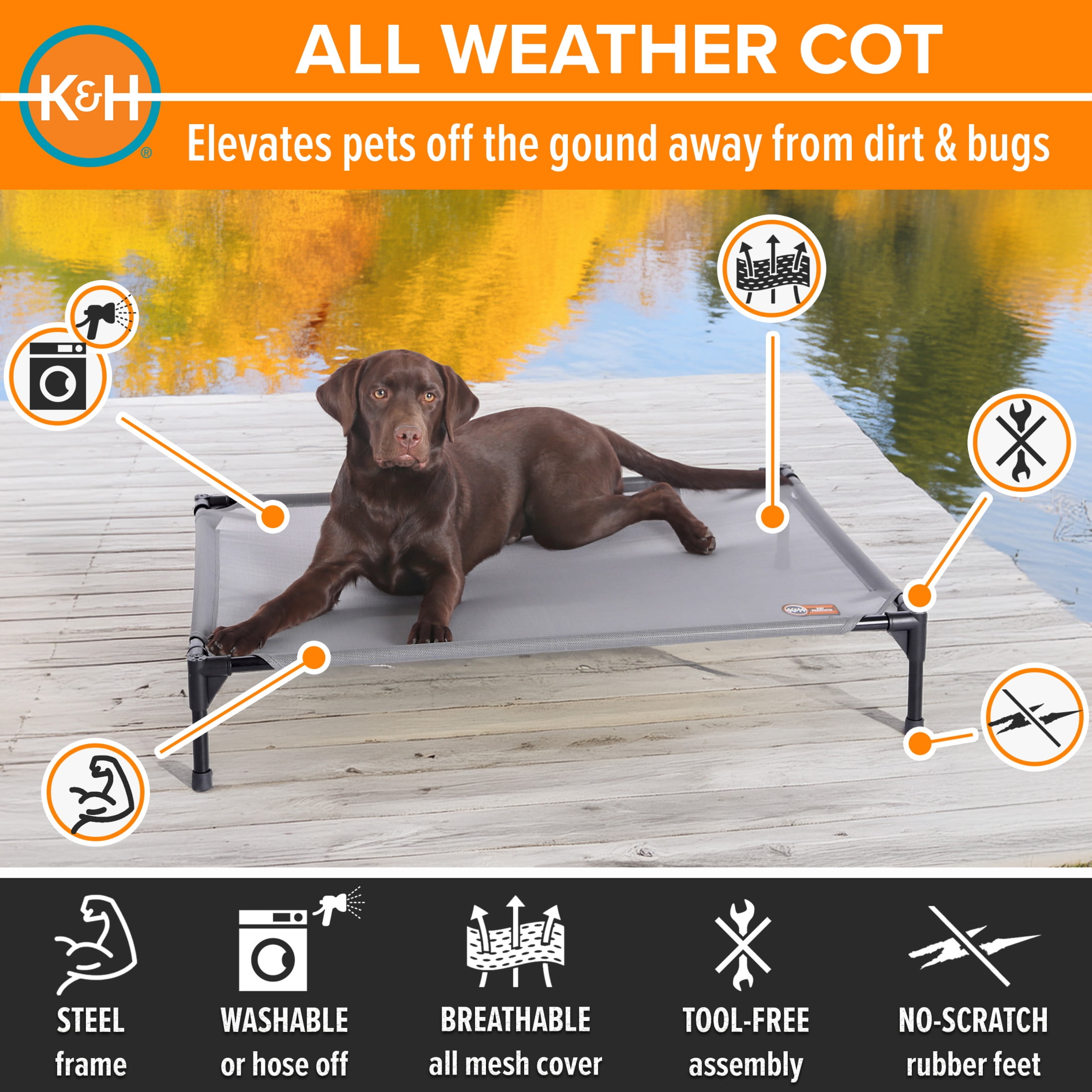 K&H Pet Products All Weather Elevated Outdoor Pet Cot Gray Large 42 X 30 X 7 Inches