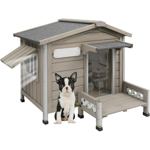 34" L Outdoor Dog House with Porch, Removable Floor, Raised Feet Anti-Chewing Iron Frame – Weatherproof Wooden Dog Kennel for Indoor/Outdoor Use, Ideal for Small to Medium Dogs