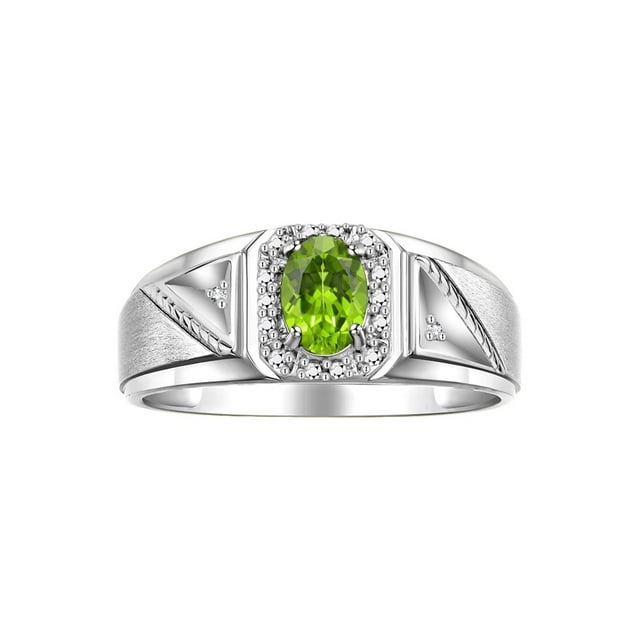 RYLOS Men's Rings 14K White Gold Classic 7X5MM Oval Gemstone & Diamond Ring Peridot August Birthstone Rings For Men Size 10