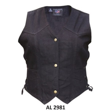- Ladies Girls Fashion Medium Size Bike Riding Style Black Denim Vest 2 Front Pockets With Side Laces