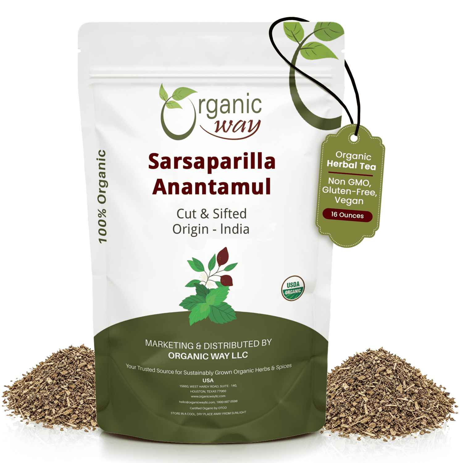 Organic Way Dried Sarsaparilla / Anantamul Root (Hemidesmus indicus) Cut & Sifted - Organic & Kosher Certified | Raw Vegan Non GMO & Gluten-Free | USDA Certified | Origin - India (1LBS / 16Oz)