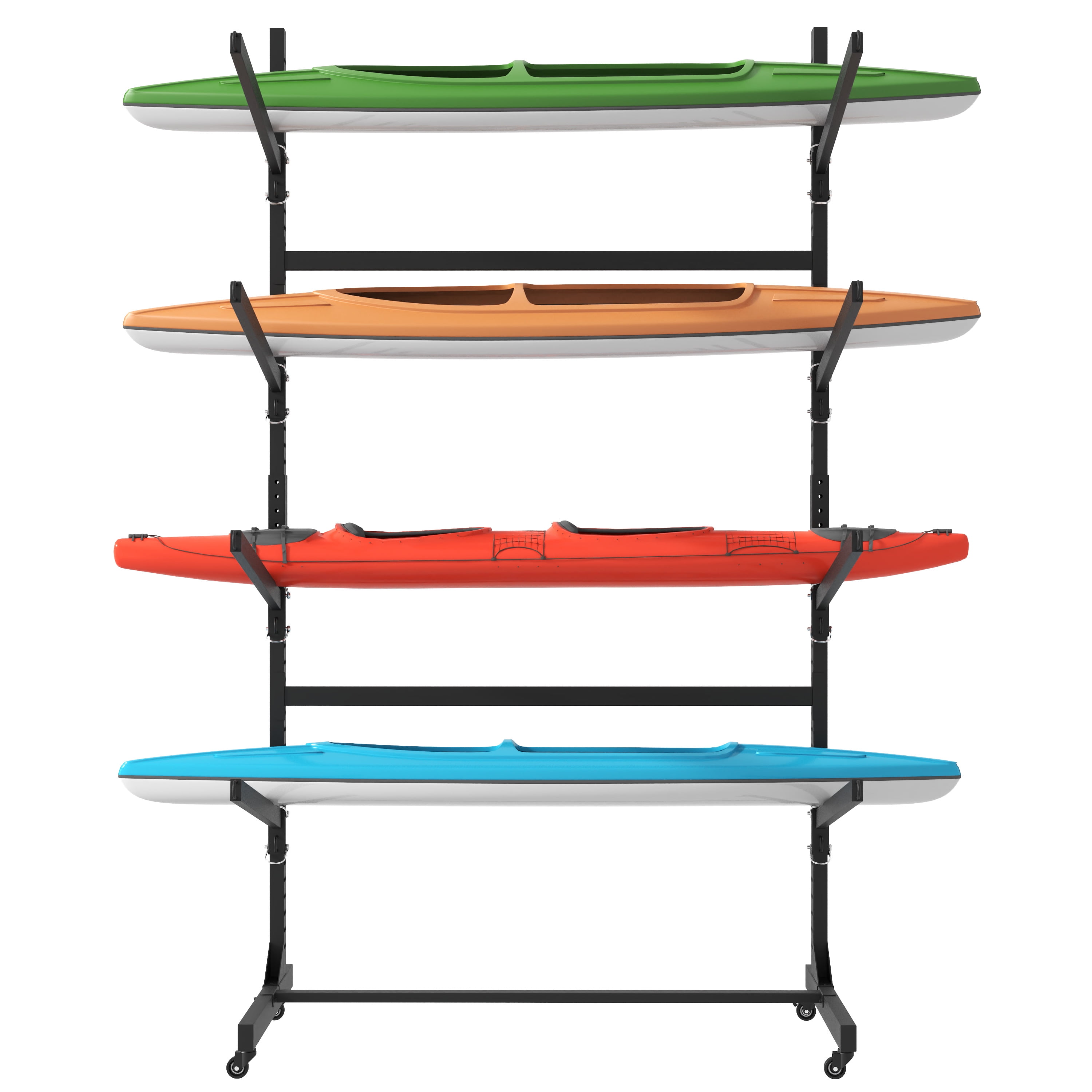 80"H Freestanding Kayak Storage Rack, Holds 4 Kayaks, Heavy-Duty Adjustable Stand with Lockable Wheels for Kayak, Canoe, SUP & Surfboard
