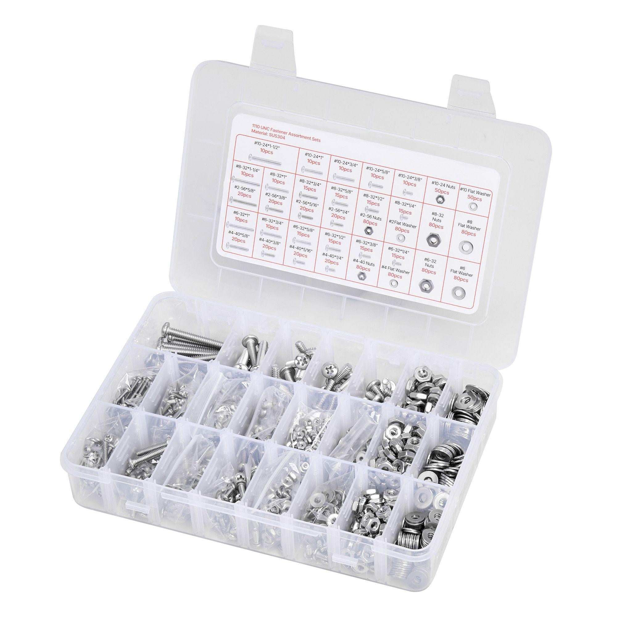 1110 Pcs Bolts Nuts Assortment Kit Imperial Machine Screws Flat Washers Stainless Steel 10 24 8 32 2 56 6 32 4 40 for Furniture Equipment Vehicle Assembly Silver