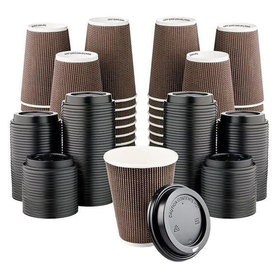 [400 SET]Harvest Pack 12 oz Disposable Coffee Cups, Insulated Ripple Double-Walled Paper Cup with Lid, Brown Geometric, Tea Hot Chocolate Drinks To go coffee cups