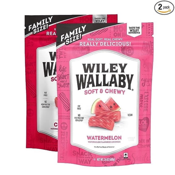 Wiley Wallaby 24oz Classic Red & Watermelon Classic Gourmet Australian Style Soft & Chewy Licorice Candy Variety Pack Twists, 2 Pack