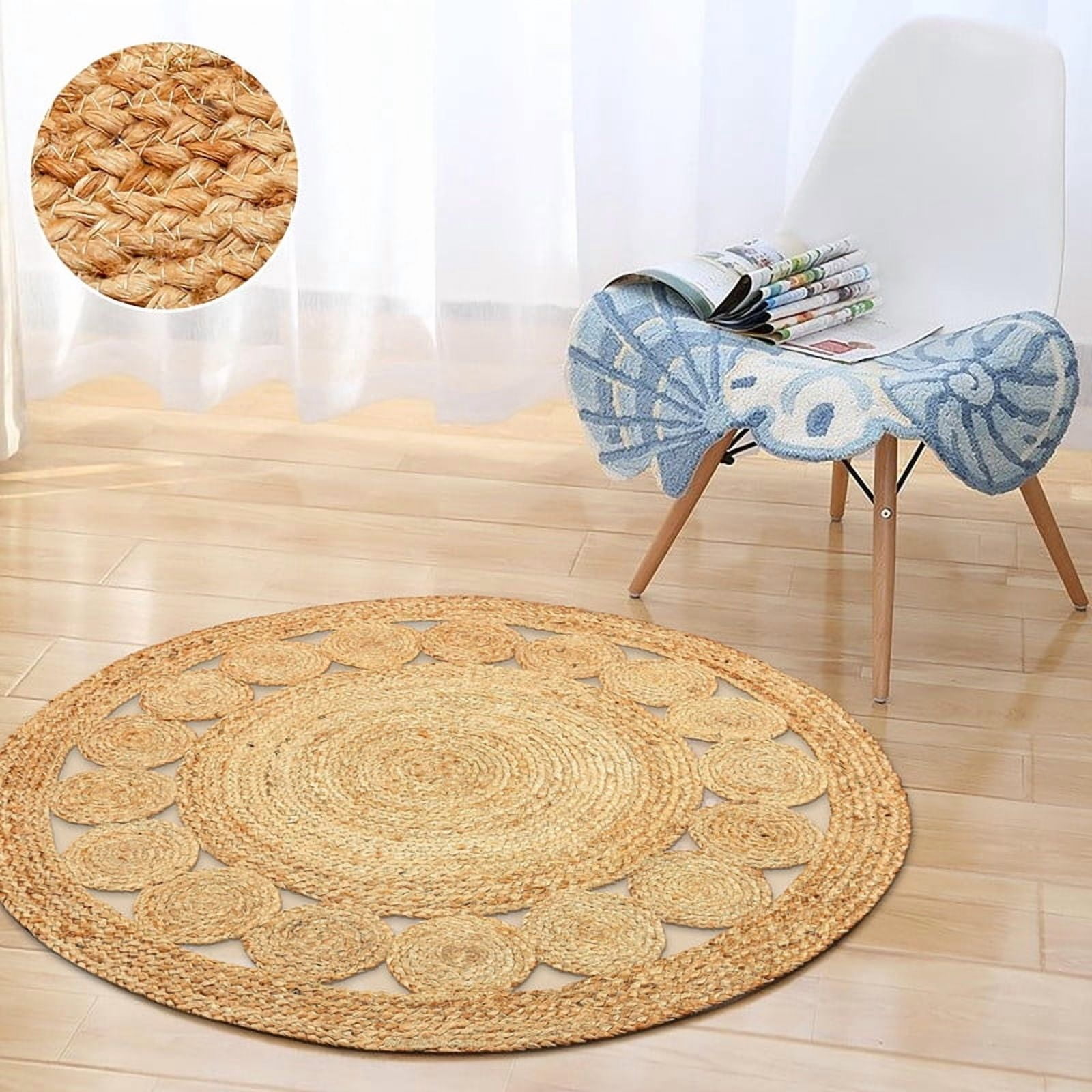 Boho Farmhouse Jute Circle Rug, Reversible Rustic Coastal Area Mat Natural Jute_6A, 2 FT