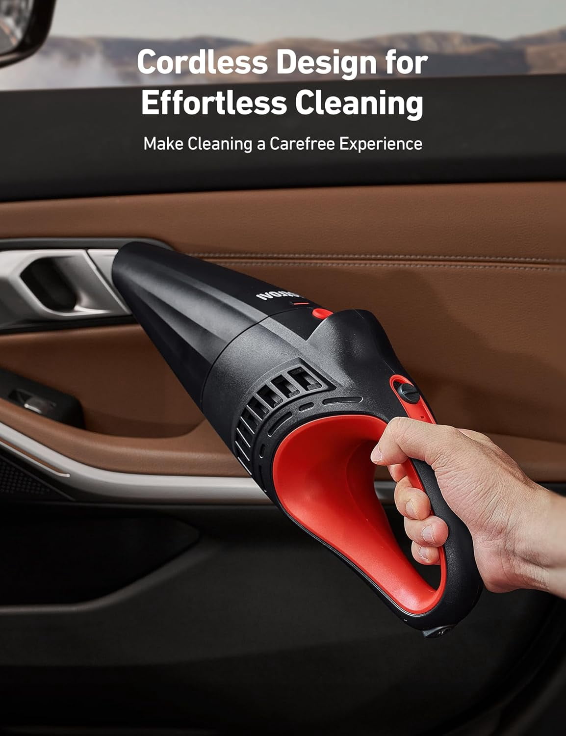AstroAI Red Handheld Cordless Car Vacuum: 12V DC Power, LED Light & Accessories (Brush, Extended Pipe, Hose) – Portable for Car, Home, Office & Pet Hair