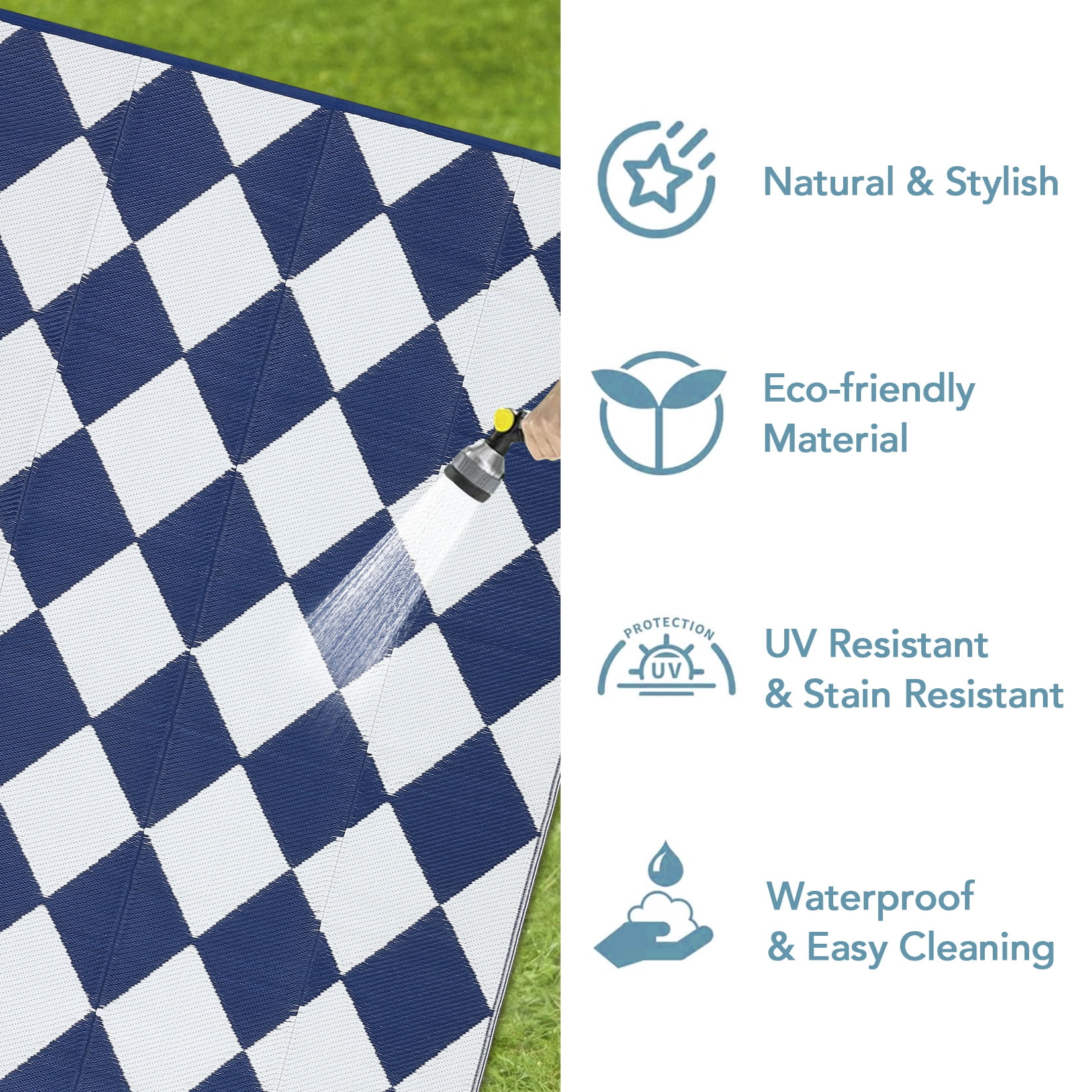 Haperlare 9'x18' Waterproof Outdoor Rug Plastic Geometric Diamond Outdoor Carpet for Balcony Deck Picnic, Reversible UV Resistant Patio Rugs Carpet with 4 Stakes & Portable Bag, Blue and White