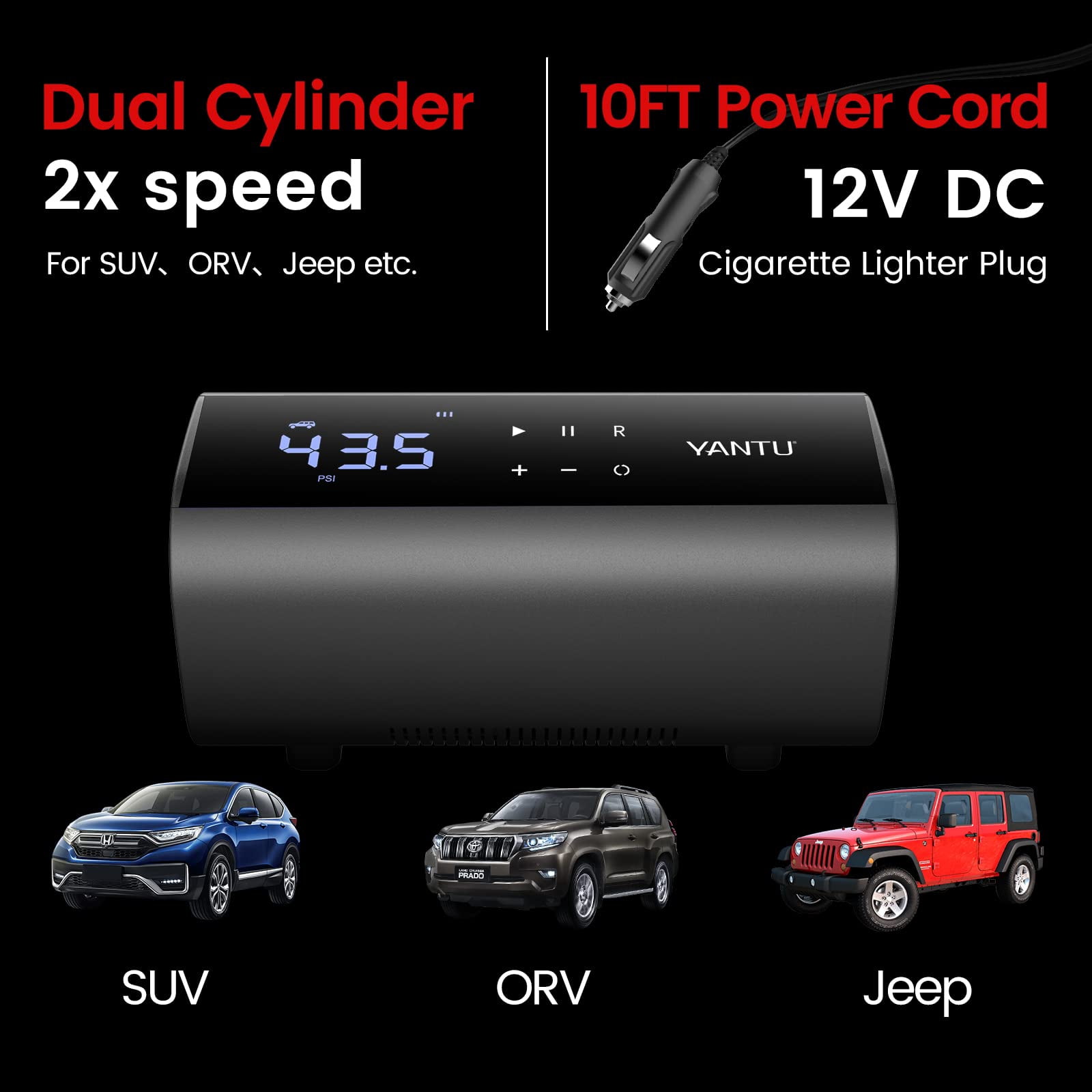 YANTU AC/DC Portable Air Compressor Tire Inflator for Home 110V & Car 12V, Wired Electric Car Air Pump,Dual Cylinder 2X Inflation,tire pressure gauge with 8.3Inch Digital Screen for bicycle/Pickup/SUV