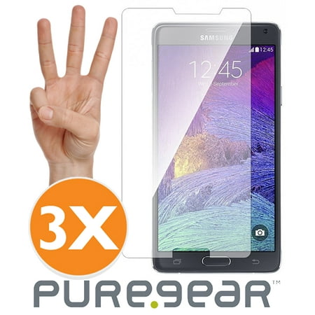 Note 4 Tempered Glass, 3-Pack PureGear 9H Hard Tempered Glass Screen Protector Crack Guard Saver for Samsung Galaxy Note