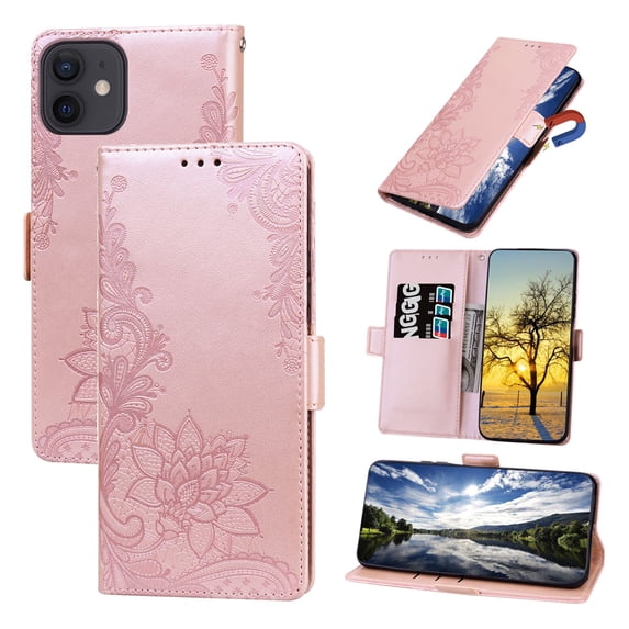 Nalacover Wallet For iPhone 12/iPhone 12 Pro Case,Stylish Full Protection Embossed Lotus Pattern PU Leather Flip Kickstand Card Slots Shockproof Magnetic Cover with Wrist Strap.Rosegold
