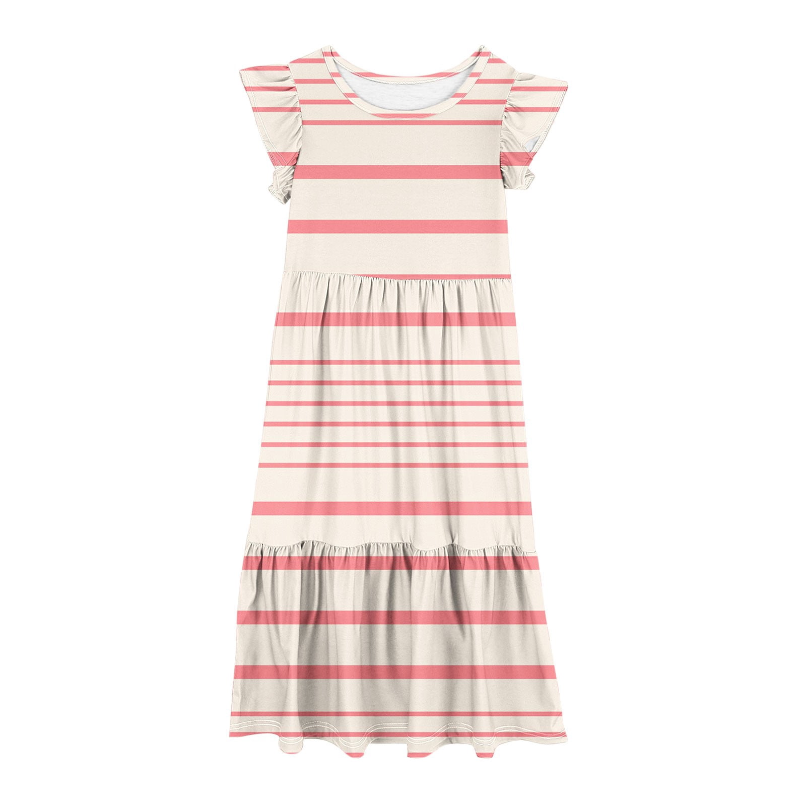 2025 Girls Dresses with Pockets 6-12 Years Kids Ruffle Short Sleeve Trendy Stripe Printed Crewneck Going Out Long Maxi Dress