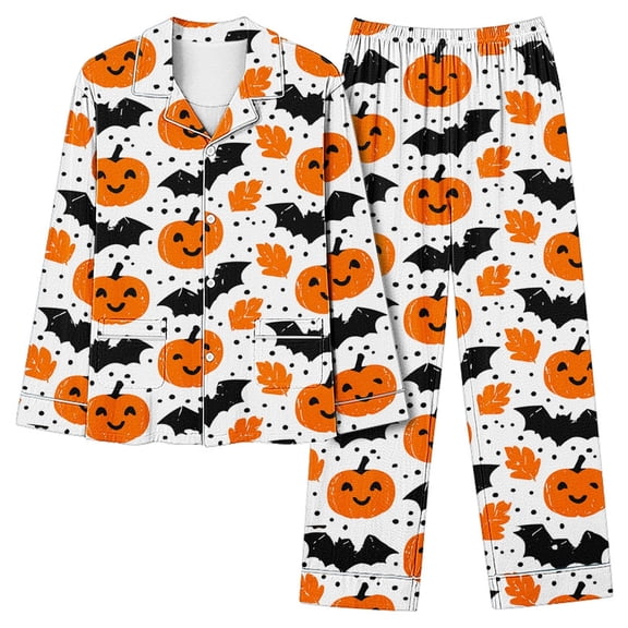Women's Halloween Pajama Set Pumpkin Button Down Long Sleeve Print Sleepwear 2-Piece Lounge Suit with Pockets