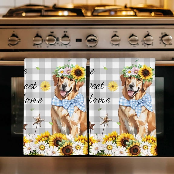 Sunflowers Dog Kitchen Towels Set of 4, Spring Watercolor Floral Stars Grey Plaid Absorbent Dish Towels for Kitchen, Microfiber Hand Towel, Quick Drying Tea Towel for Cleaning Decorative Dishcloths