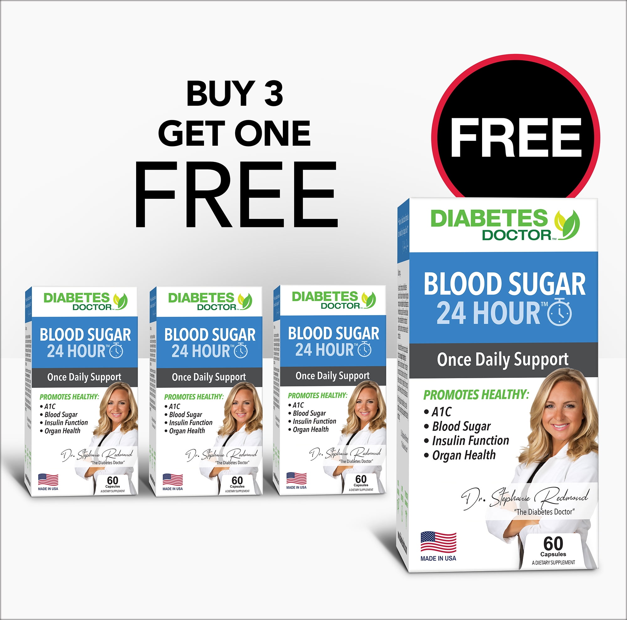4 Pack Buy 3 Get 1 Free - Blood Sugar 24 Hour Daily Support Supplement, by Diabetes Doctor