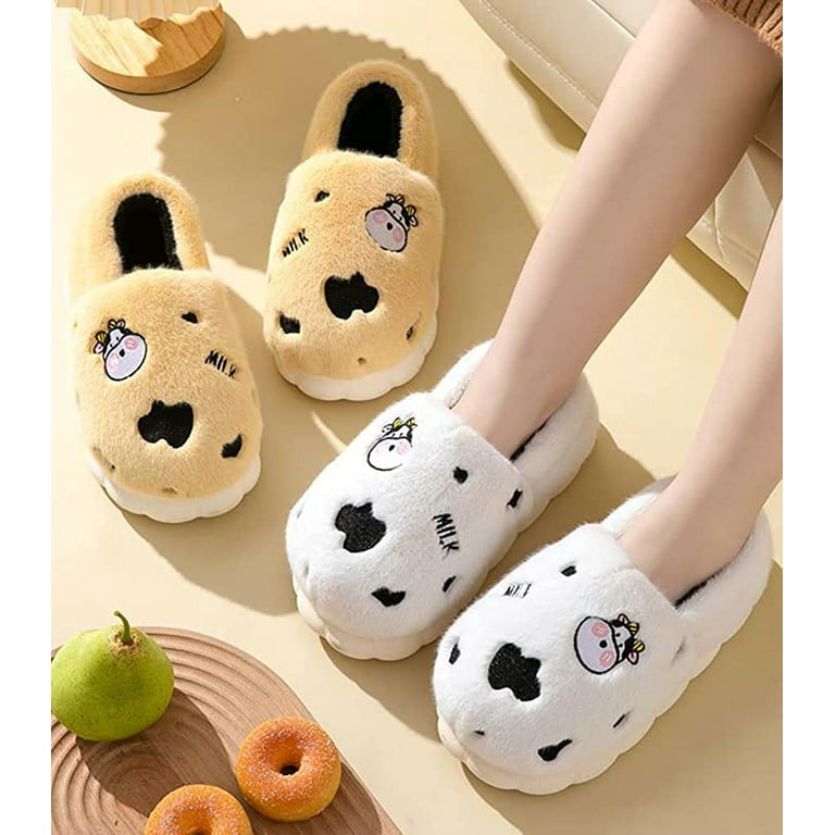 PIKADINGNIS Cute Cow Print House Slippers for Women Men Soft Cozy Furry  Fluffy Fur Wrap Heel Indoor Shoes