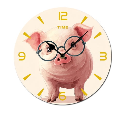 ZXCXRQFa Funny Piggy With Glass Clock Home Decor Round Wood 10 Inch Wall Clocks Non Ticking Silent Clock Art for Living Room Kitchen Bedroom Decorative