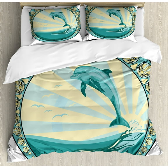 Dolphin Duvet Cover Set, Aquatic Mammal Jumping out of the Sea the Sun Behind Its Back Frame, Decorative 3 Piece Bedding Set with 2 Pillow Shams, Calking Size, Teal Yellow Black, by Ambesonne