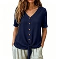thumbnail image 5 of Lindreshi Cotton Linen Tops for Women Summer V Neck Short Sleeve Button Up Shirt With Front Placket and Lace Up Top, 5 of 8
