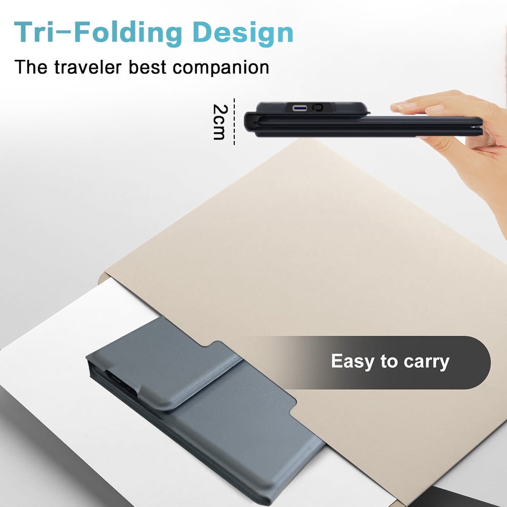 Folding Bluetooth Keyboard with Leather Case, Rechargeable Wireless Keyboard Built-in Touchpad & Left/Right Buttons