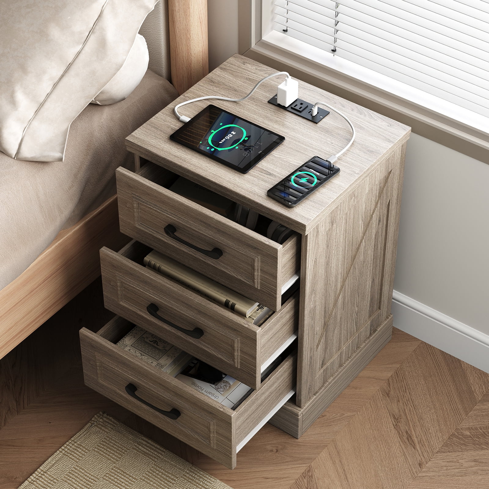 IDEALSOUL Nightstand Set of 2, Gray Farmhouse End Table with Charging Station, 3 Drawers Storage