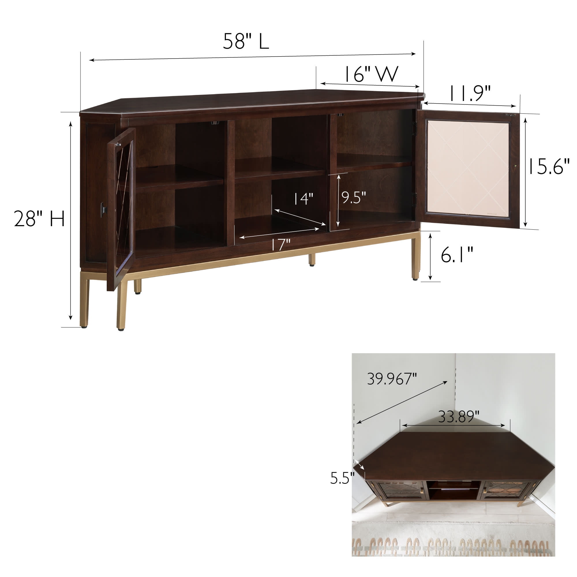 Leick Home Wood and Metal 2-Door TV Stand for TVs up to 62", Chocolate/Gold