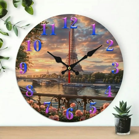 Wall Clock, Eiffel Tower sunset river Print, Wall art Decor, Great for Living Room, Kitchen, Dorm Decoration and Daily Practical Gift