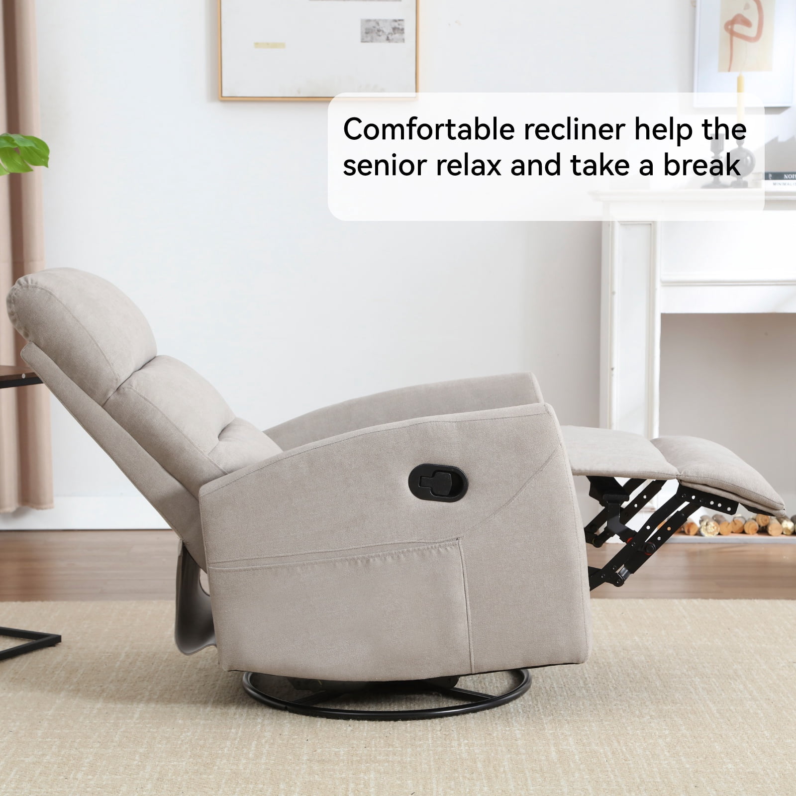 360°Swivel Rocker Recliner, PAPROOS Small Rocking Recliner Chair, Home Theater Recliner with 2 Side Pockets, Nursery Glider Recliner, Manual Recliner for Adults for Living Room,   Light Gray