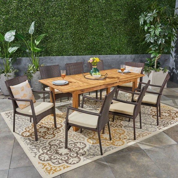 Noble House 9 Piece Acacia Wood PE Rattan Iron Dining Furniture Sets Sandblast Stained/Brown/Creme