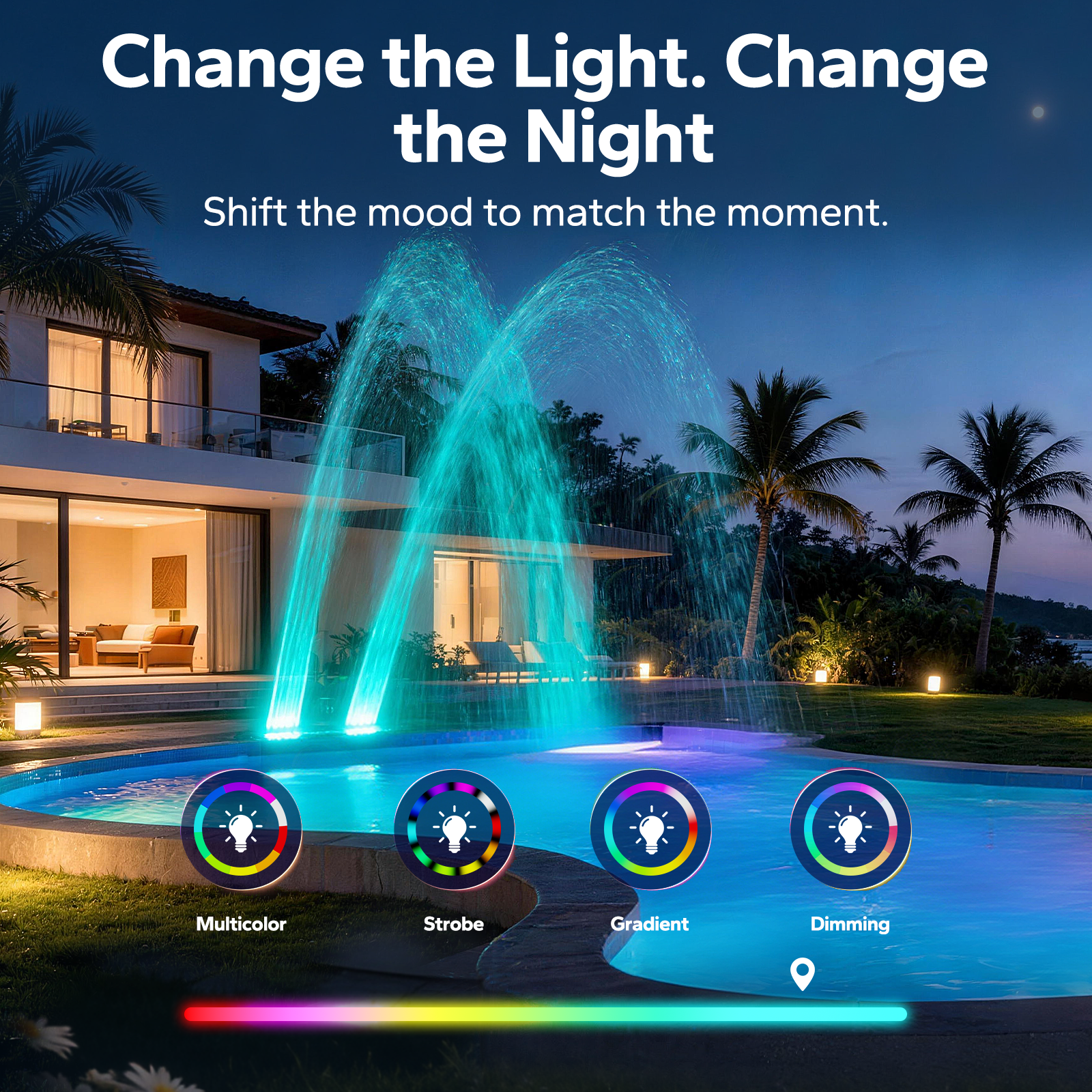 POOLHACKER Solar Pool Fountain with 10-Color LED Lights, Auto Dusk Sensor & Timer, Dual-Head Adjustable Spray for Above & Inground Pools