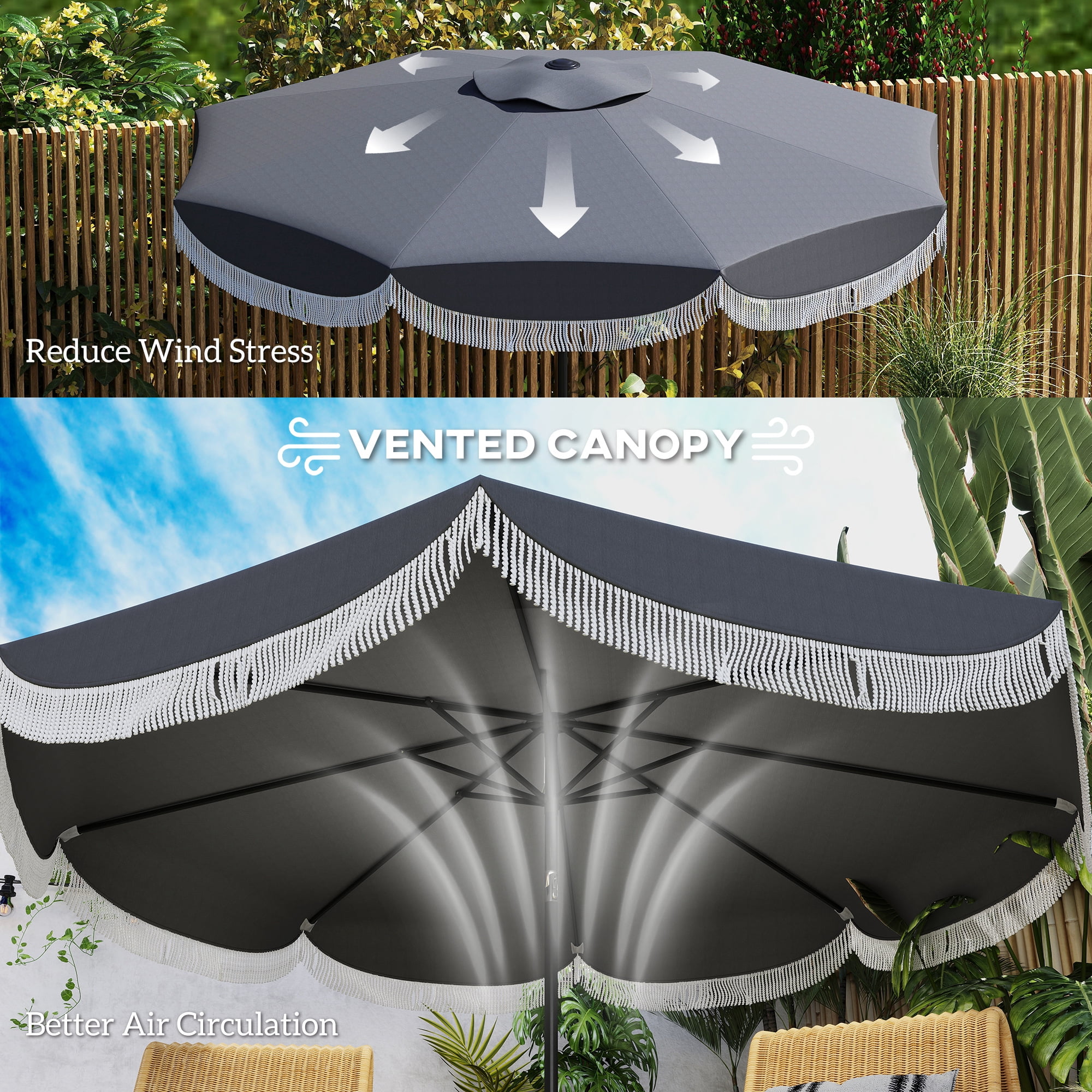 Outsunny 9FT Patio Umbrella, UPF 30+ Outdoor Market Umbrella, Vented Patio Table Umbrella with Crank, 8 Ribs, Push Button Tilt, Charcoal Gray