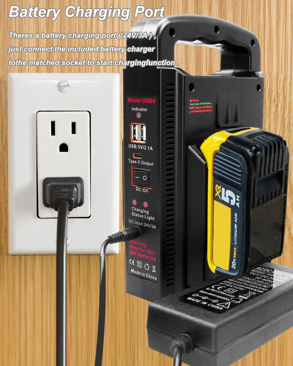 150W Portable Power Supply Inverter Fit for Milwaukee M18 18V Battery, DC 18V to AC 120V Power Inverter with Battery Charger AC Output Dual USB Type C 800 LM Led Light for Indoor Outdoor