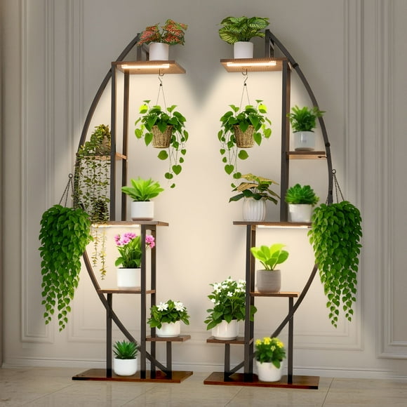 VEVOR Plant Stand Indoor with Grow Lights, 63 in Tall 6-Tiered Lighted Plant Shelf, 2 Pack Metal Corner Plants Holder, 3 Timer & 10 Brightness, Half-Moon Shaped Flower Display Rack