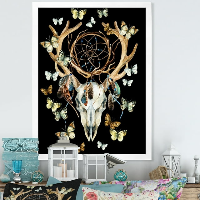 Designart Crâne de Cerf avec Papillons Art Mural Encadré Traditionnel