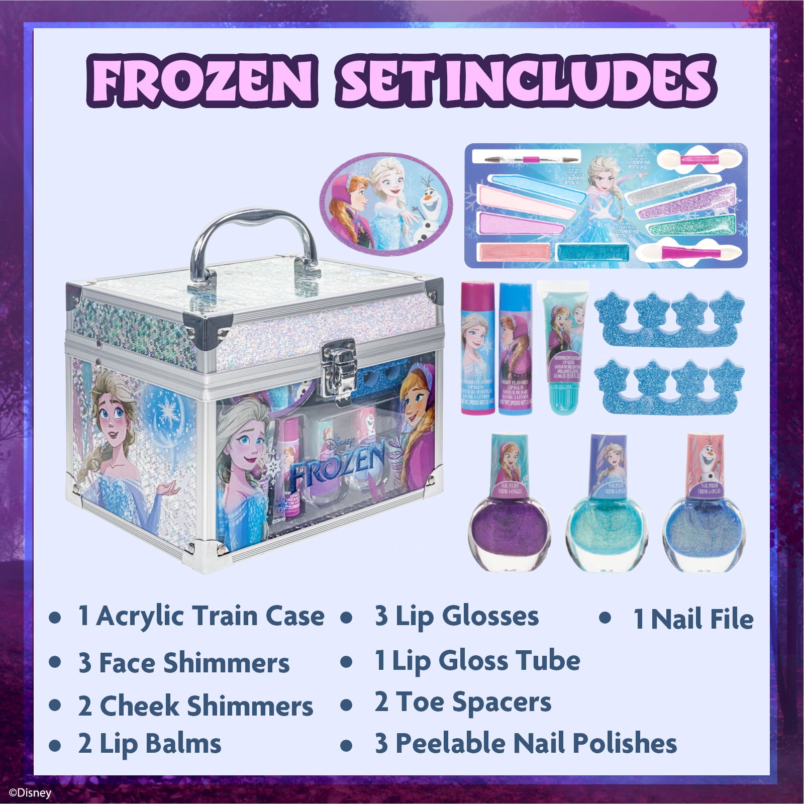 Disney Frozen Train Case Beauty Set, Kids Makeup Kit for Girls, Real Washable Makeup Set, Play Makeup, Party Favor, Birthday, Ages 3+ by Townley Girl