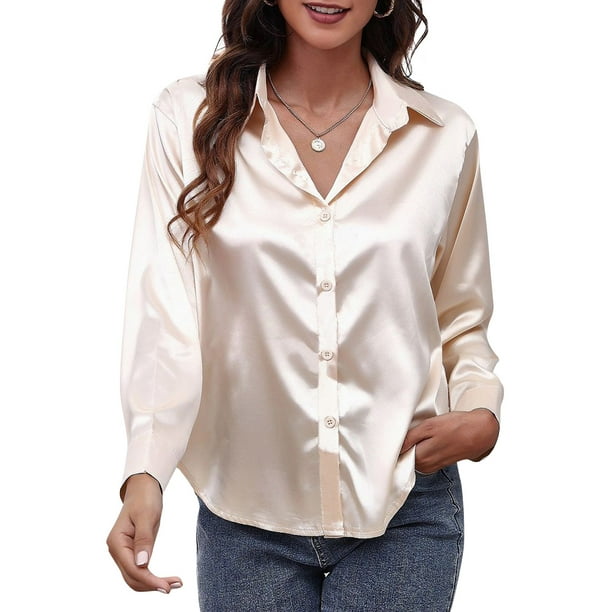 Camisa de satén sólido para mujer Camisas casuales con botones de manga larga Abanopi Extragrande