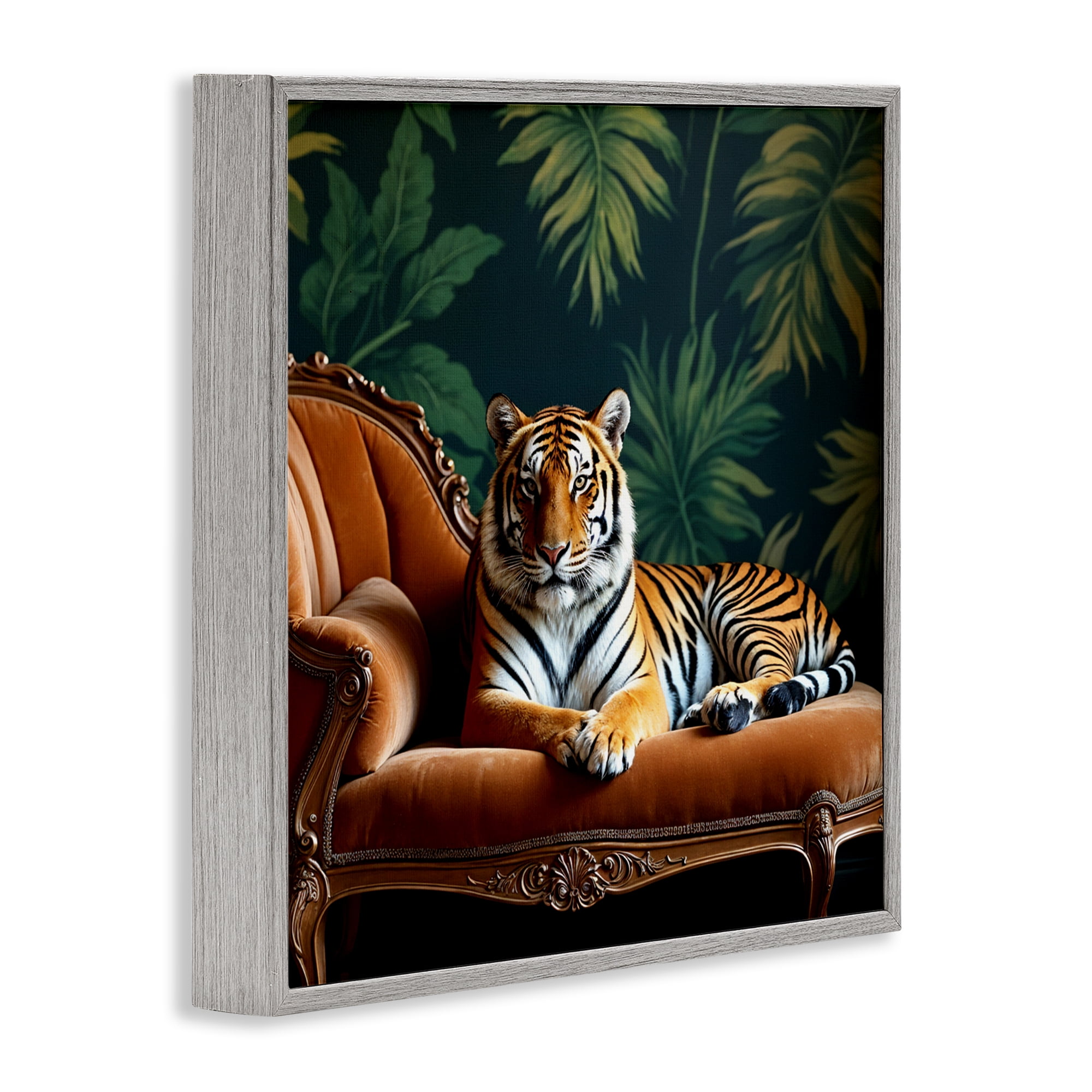 Tiger Lounging on Chaise Gray Framed Giclee Art, design by Lettered and Lined