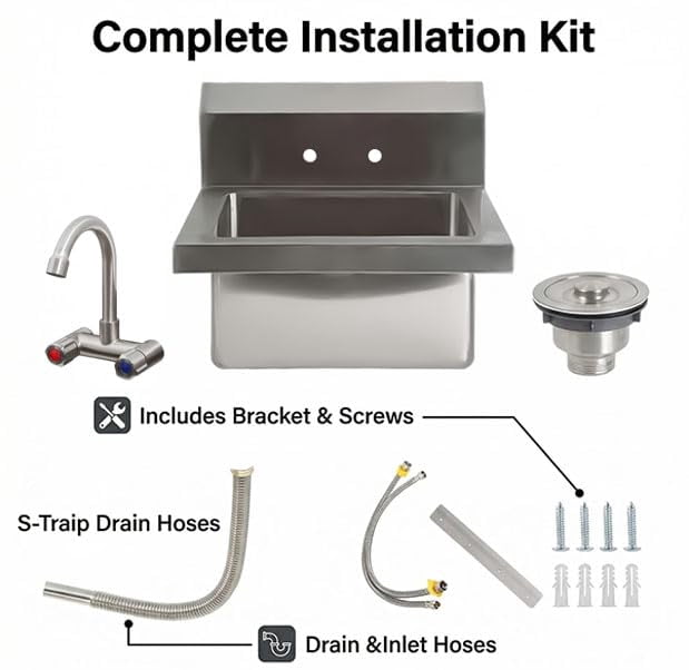 Garvee Commercial Stainless Steel Hand Sink with Swivel Faucet, Wall Mount or Drop-in Small Hand Wash Basin with Backsplash & Drain Kit for Restaurant, Bar, Kitchen, Garage