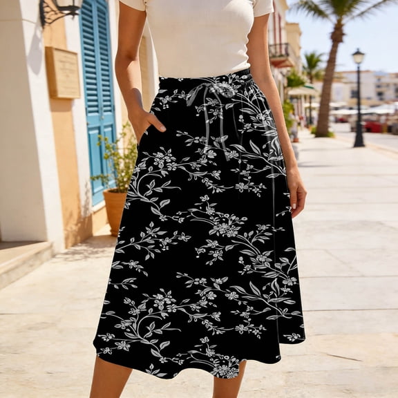 Rove Studio Women's Floral Print Midi Skirt, Elastic Drawstring High Waist Flowy Skirt with Pockets, Elegant Casual Skirts for Women Black L