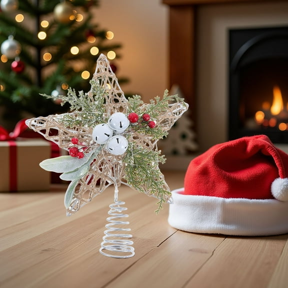 OULII Metal Star Tree Topper with Spring Base and Rustic Jute Bell Embellishments