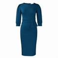 thumbnail image 3 of MORTTIC Women's Crew Neck Bodycon Pencil Dress with Peplum, 3/4 Sleeve Office Wear to Work Dress Peacock Blue，S, 3 of 16