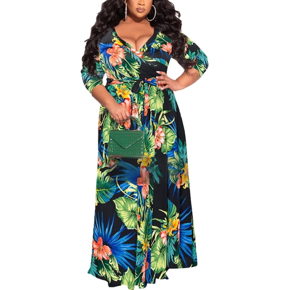 Brimisal Women Night Dress Plus Size Wrap V Neck 3/4 Sleeves Floral Printed Swing Dress with Belt