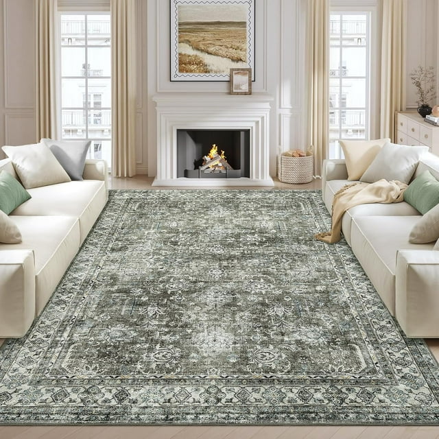 Twister.CK Vintage Floral Distressed Area Rug, 8' x 10' Washable Rugs Stain Resistant Indoor Carpet with Non-Slip Backing for Bedroom Living Room Dining Room, Green