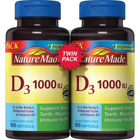 Nature Made Vitamin D 25 mcg (1000 IU) Softgels, 2X100 Count Twin Pack for Bone (Best Diet For Bone Health)