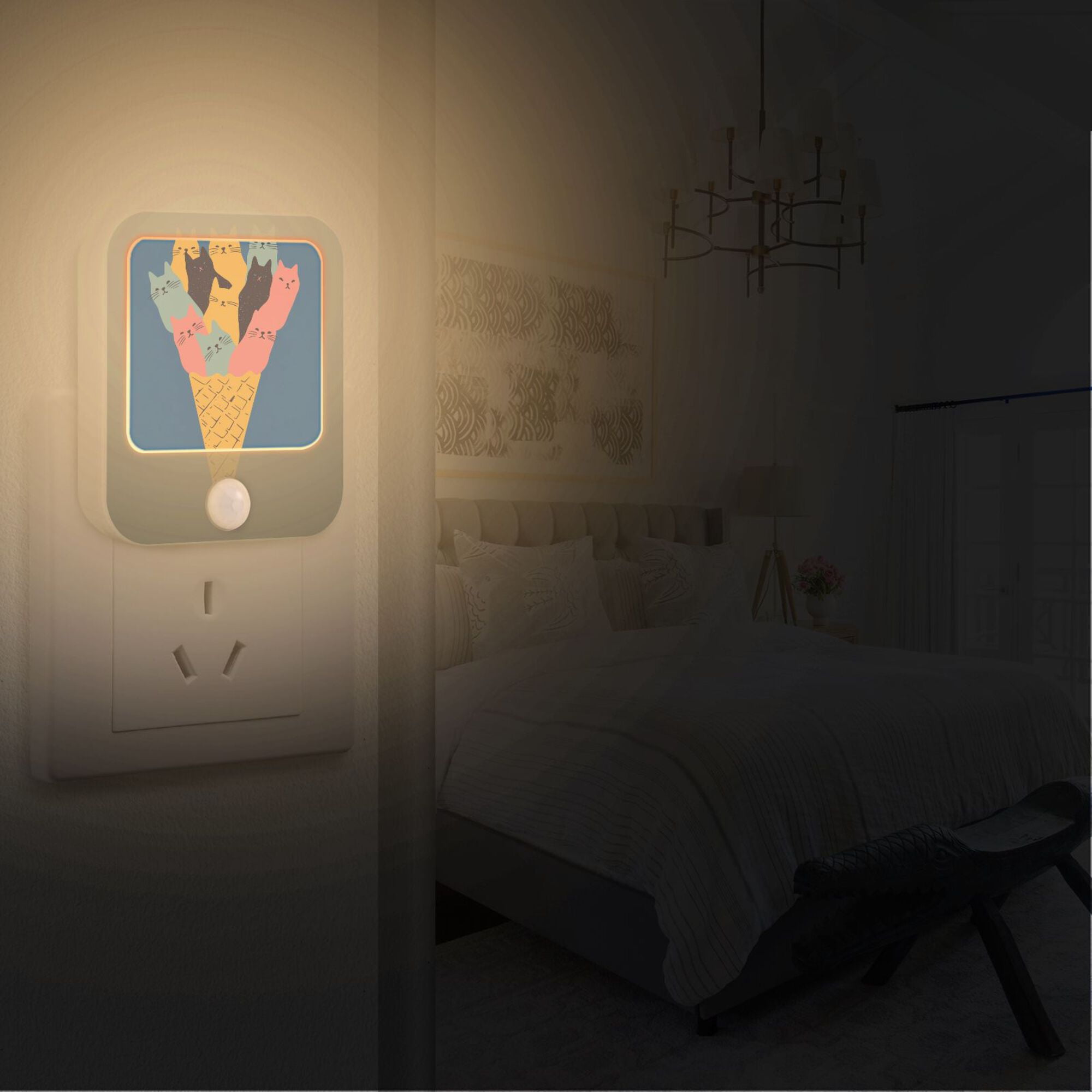 Yayeee LED Night Lights with Motion Detectors Auto Dusk to Dawn Light Sensors, 2 Pack, Colorful Ice Cream Cat