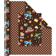 Monster Jam Truck Wrapping Paper Roll - 1 Roll 17” x 33 ft Brown Boy Happy Birthday Wrapping Paper for Kids Birthday Monster Trucks Party Decorations Supplies Racing Car Gift Packing Decor Favor, Rev